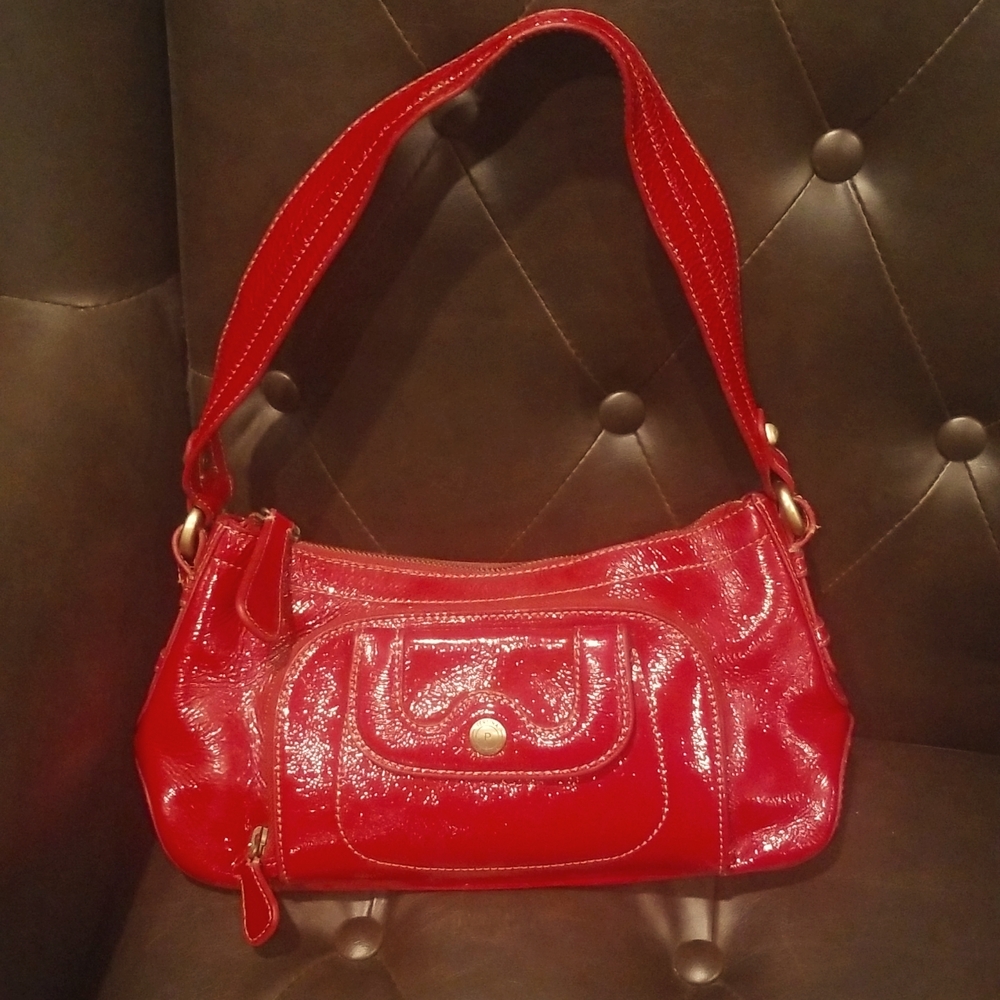 Perlina "Ruby Red" Patent Leather Baguette Shoulder Bag 12x6x4